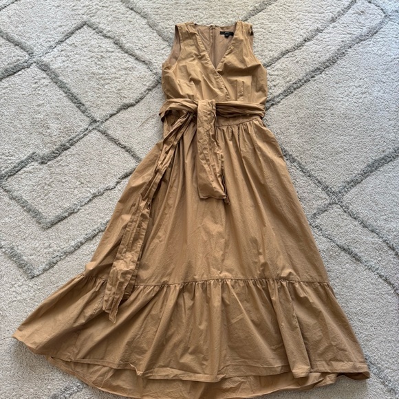 J.Crew midi dress brown camel Faux Wrap Cotton Poplin Dress belted Size 0 - Picture 2 of 12
